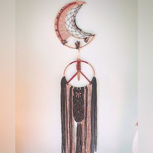 Handmade Black & Beige Macrame Moon Beaded Crystal Dream Catcher Woven Wall Art